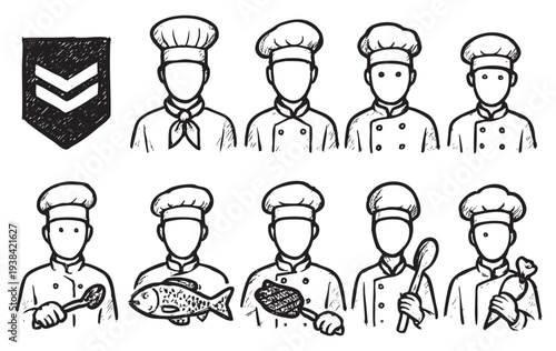 Line art illustration of professional chefs, cooks, and rank insignia. Isolated on white, for culinary, restaurant, and foodservice visuals. Great for menus, web design, or branding.