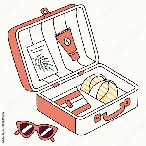 A vintage suitcase with a pair of sunglasses and a small bottle of perfume Vector