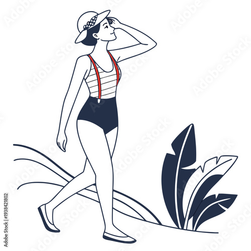 A woman in a red swimsuit walking on a beach with a plant nearby Vector