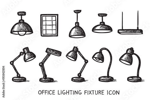 A hand-drawn illustration features a collection of office lighting fixtures, including ceiling lights and desk lamps, rendered in a simple, sketched style on a white background.