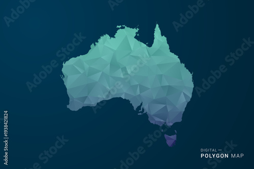 Australia Map - Polygon Style Vector Illustration with Teal Blue Gradient, Low Poly Geometric Design, Digital and Technology Inspired, Clean Silhouette on Dark Background.