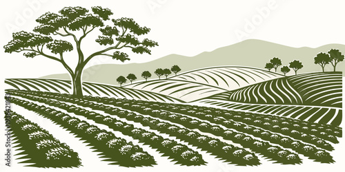 A serene landscape with a winding path through a lush green field and trees. Vector