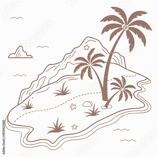 A detailed illustration of a tropical island with palm trees and a treasure map. Vector
