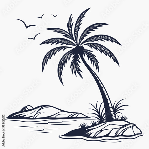 A lone palm tree standing on a small island surrounded by water Vector
