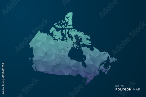 Canada Map - Polygon Style Vector Illustration with Teal Blue Gradient, Low Poly Geometric Design, Digital and Technology Inspired, Clean Silhouette on Dark Background.