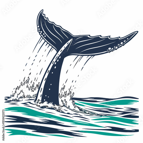 A majestic whale tail emerges from the deep blue ocean waves Vector
