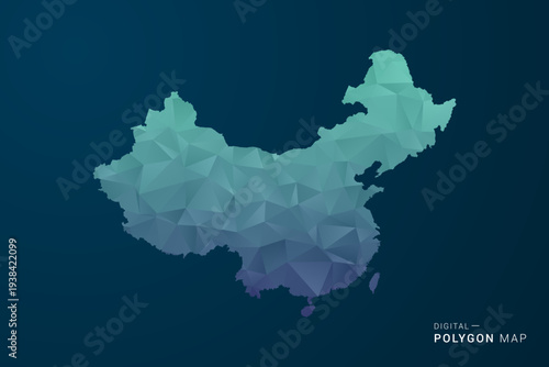 China Map - Polygon Style Vector Illustration with Teal Blue Gradient, Low Poly Geometric Design, Digital and Technology Inspired, Clean Silhouette on Dark Background.