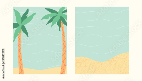 Tropical beach card templates vector illustration. Summer banner set with palm tree, sea waves and sandy shore. Vacation vertical background design for invitation, poster, flyer in flat style