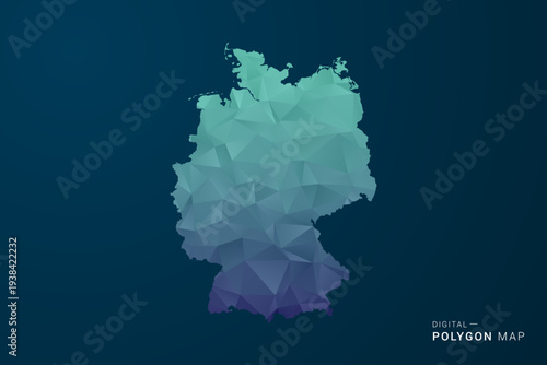 Germany Map - Polygon Style Vector Illustration with Teal Blue Gradient, Low Poly Geometric Design, Digital and Technology Inspired, Clean Silhouette on Dark Background.
