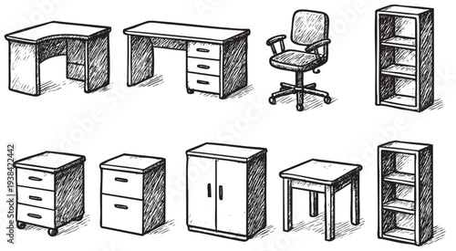 A collection of hand-drawn style office furniture sketches, including a desk, chair, bookshelf, and filing cabinet, against a clean white background for design and decoration.