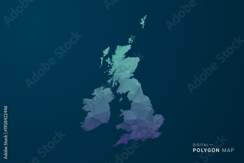 United Kingdom Map - Polygon Style Vector Illustration with Teal Blue Gradient, Low Poly Geometric Design, Digital and Technology Inspired, Clean Silhouette on Dark Background.