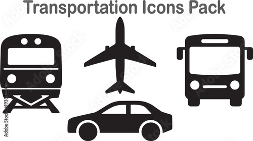 Transportation Icons Pack – Train, Airplane, Bus and Car Silhouette Vector Set