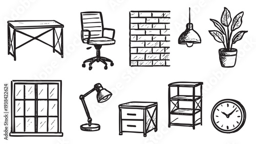 Black and white sketched illustration of various office furniture elements including a desk, chair, lamp, plant, and clock, creating a minimalist interior scene.