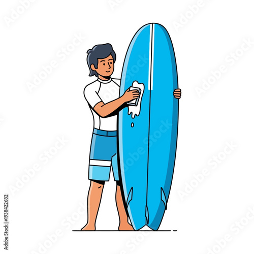Man Cleaning Blue Surfboard, Summer Beach Activity, Surfer Preparing for Waves