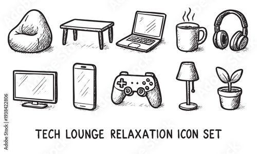 This tech lounge icon set depicts relaxing home objects in a sketchy style, including laptop, controller, bean bag, and plant, for graphic design use.
