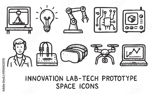Hand-drawn illustration features innovative technology icons, showcasing 3D printing, robotics, VR, and data analytics, perfect for innovation lab or tech design projects.