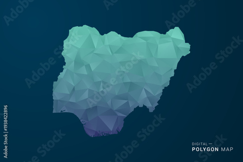 Nigeria Map - Polygon Style Vector Illustration with Teal Blue Gradient, Low Poly Geometric Design, Digital and Technology Inspired, Clean Silhouette on Dark Background.