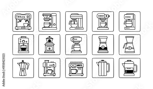 A collection of coffee maker icons in a flat minimal design style