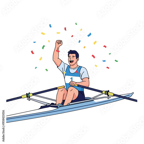 Rowing Champion Celebrating Victory with Confetti