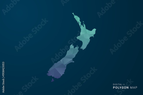 New Zealand Map - Polygon Style Vector Illustration with Teal Blue Gradient, Low Poly Geometric Design, Digital and Technology Inspired, Clean Silhouette on Dark Background.