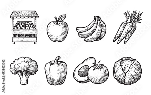 Hand-drawn style illustration featuring a farmer's market stall filled with fresh fruits and vegetables like apples, bananas, carrots, and cabbage in black and white.