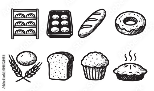 Hand-drawn style illustration of bakery items including bread rack, pie, and pastries in black and white; ideal for food design and recipe illustrations.