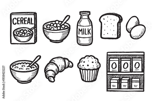 Hand-drawn style graphic illustration features breakfast foods like cereal, milk, eggs, bread, pastries, and breakfast foods on supermarket shelves. Illustration is monochrome.