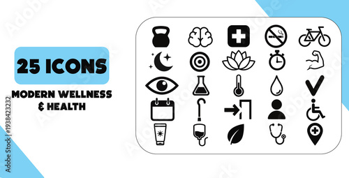 Modern Wellness and Health Icons, Bold Line Style Vector.