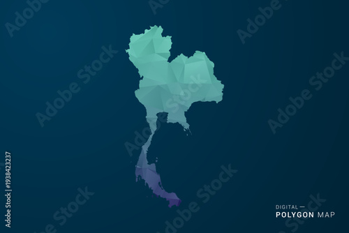 Thailand Map - Polygon Style Vector Illustration with Teal Blue Gradient, Low Poly Geometric Design, Digital and Technology Inspired, Clean Silhouette on Dark Background.