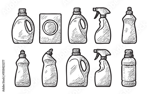 Black and white sketch of various cleaning supplies, including spray bottles, laundry detergent, and dish soap, useful for home organization and cleanliness.