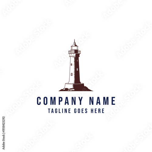Classic Lighthouse Logo Design On Rocky Island