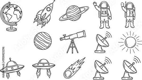 Space Exploration and Astronomy Icon Set with Astronaut, Rocket, Planet, Telescope, Satellite Dish, UFO and Solar System Symbols