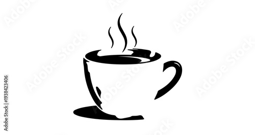 Simple black and white vector graphic illustration of a steaming hot beverage cup design emphasizing warmth and freshness for morning drinks.