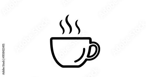 Simple black and white vector graphic illustration design showing a steaming hot cup of coffee or tea beverage ready for consumption