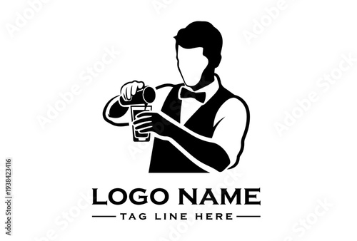 Bartender Pouring Drink Logo Icon for Bar, Cocktail Lounge, Beverage Service Business, Professional Mixologist Bartender Symbol for Restaurant, Nightclub, Pub Brand Identity Design