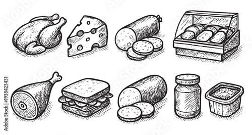 This monochrome illustration features hand-drawn icons of food items like chicken, cheese, sausage, sandwich, and condiments, ideal for menus or food-related designs.