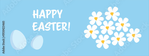 Happy Easter horizontal banner white yellow daisies blue background easter eggs cute flowers greeting card invitation poster flyer spring holiday celebration seasonal floral design template mockup cop