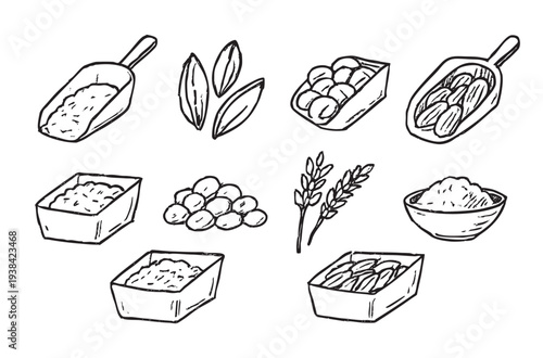 Black and white hand-drawn illustration featuring scoops and containers filled with grains, seeds, and legumes, perfect for recipe illustrations, blog posts, and food-related graphics.