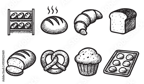 Hand-drawn illustration of various bakery items including loaf bread on a rack, a croissant, pretzel and muffin. Black and white sketches convey a rustic, homemade, or artisanal feel.