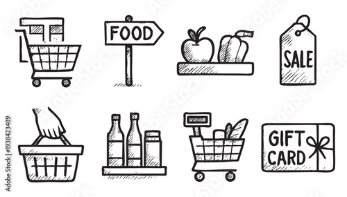 A set of eight hand-drawn style icons related to shopping and markets in black ink on a white background, including a shopping cart, sign, and gift card.