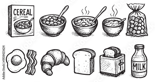 Black and white sketched illustration featuring breakfast items like cereal, milk, toast, bacon and egg. Perfect for menu design, recipe illustration or culinary projects.