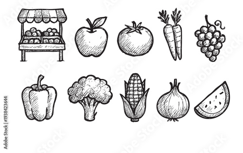 Hand-drawn sketch featuring fresh produce at a market stall including fruits and vegetables like apples, grapes, corn, carrots, watermelon, adding rustic, healthy, organic visual elements.