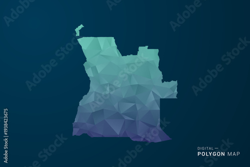 Angola Map - Polygon Style Vector Illustration with Teal Blue Gradient, Low Poly Geometric Design, Digital and Technology Inspired, Clean Silhouette on Dark Background.