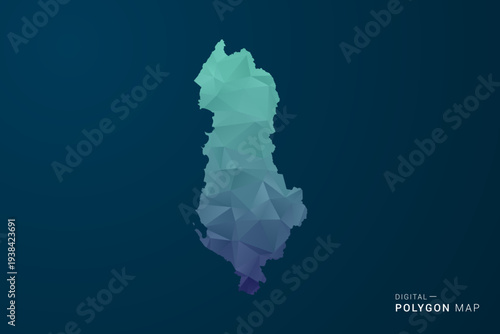 Albania Map - Polygon Style Vector Illustration with Teal Blue Gradient, Low Poly Geometric Design, Digital and Technology Inspired, Clean Silhouette on Dark Background.