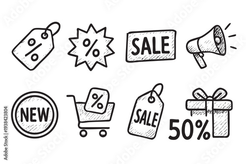 Hand-drawn style sale icons, including sale tag, sale burst, shopping cart, megaphone and gift, isolated on a clean white background, perfect for promotions and e-commerce.