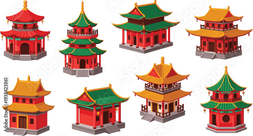 Traditional Asian Pagoda Temple Architecture Collection Colorful Chinese Japanese Style Buildings Vector Illustration Set for Cultural Landmarks Tourism and Heritage Design