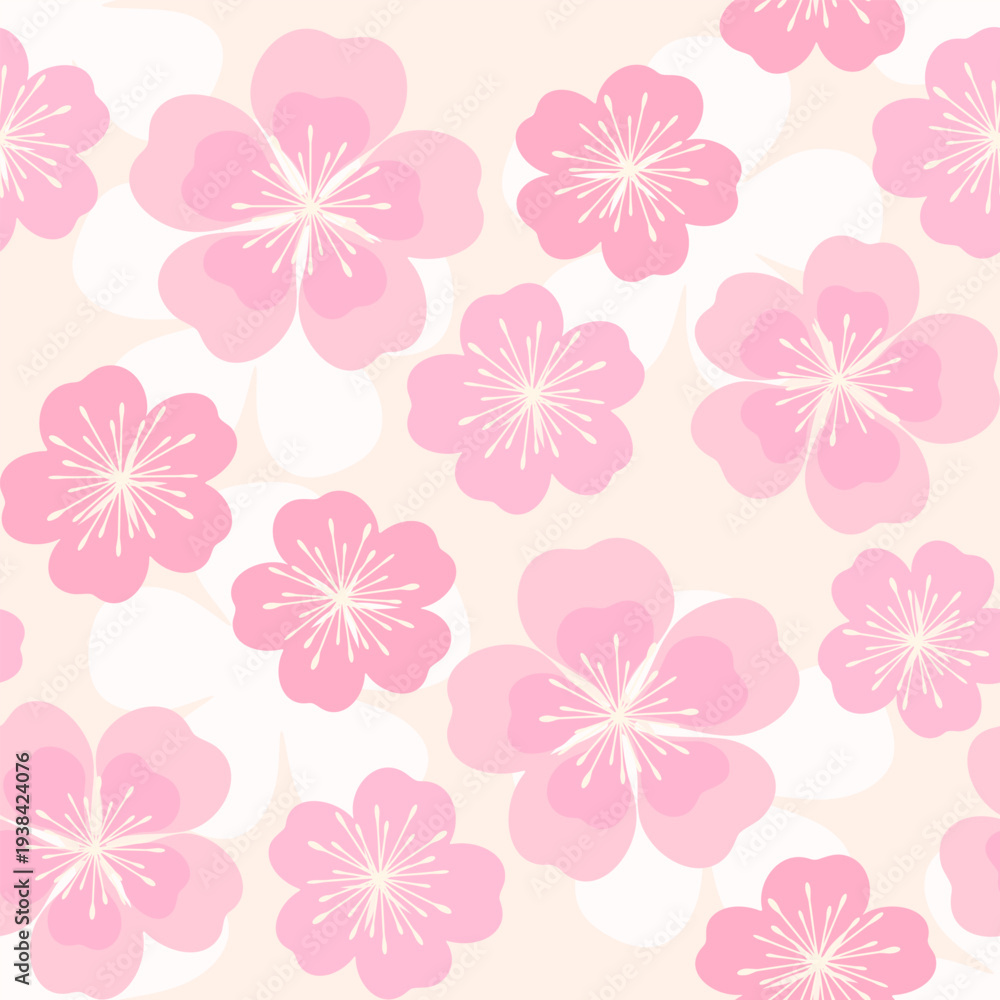 Obraz premium Seamless pink cherry blossom floral pattern on soft beige background