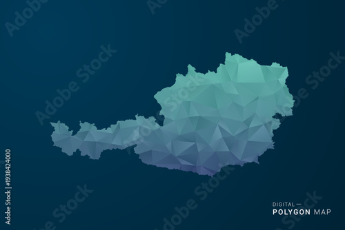 Austria Map - Polygon Style Vector Illustration with Teal Blue Gradient, Low Poly Geometric Design, Digital and Technology Inspired, Clean Silhouette on Dark Background.