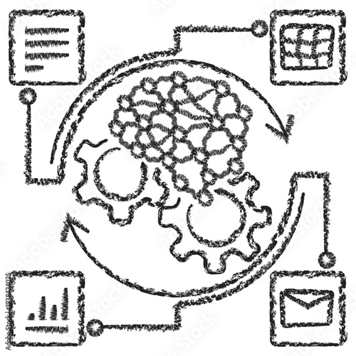 Vector AI process automation icon with gears, brain and data cycle arrows. Dark brown charcoal sketch on transparent background. Symbol of AI workflow optimization and robotic task management