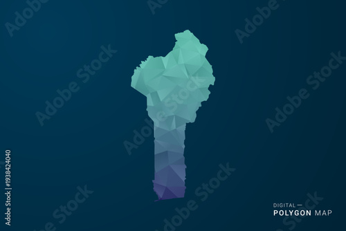 Benin Map - Polygon Style Vector Illustration with Teal Blue Gradient, Low Poly Geometric Design, Digital and Technology Inspired, Clean Silhouette on Dark Background.